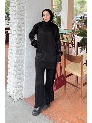 Lamelif Kol Peluş Detaylı Triko Takım Siyah