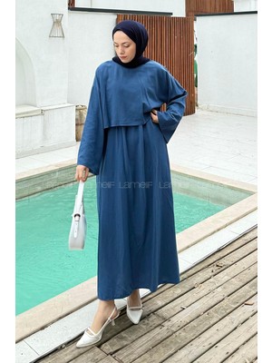 Lamelif Etekli Tesettür Takım Saks Mavisi