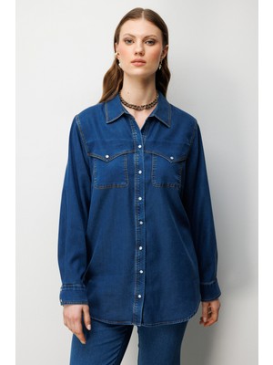 Ekol Kadın Büyük Beden Cep Detaylı Çıtçıtlı Gömlek 2602 Indigo