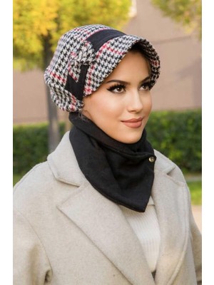 Aişe Tesettür Siyah Kırmızı Kazayağı Fiyonklutesettür Şapka ve Etol Takım