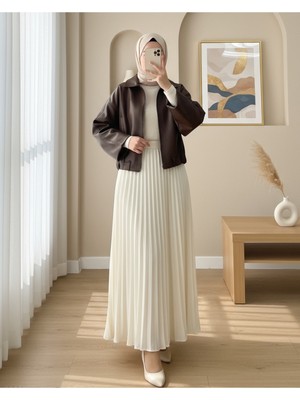 Modamorfo Içi Astarlı  Beli Kat Detaylı Kemerli  Deri Ceket  -Kahve