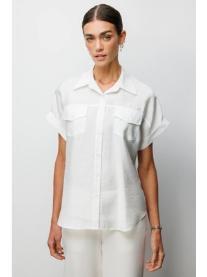 Ekol Kadın Kapak Cepli Kısa Kollu Gömlek 2088 Beyaz