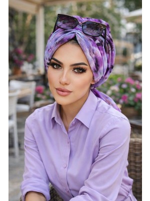 Aişe Tesettür Lila Gri Çiçek Desen Tokalı Bone