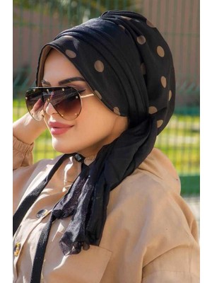 Aişe Tesettür Siyah Puan Desenli Şapkalı Bone