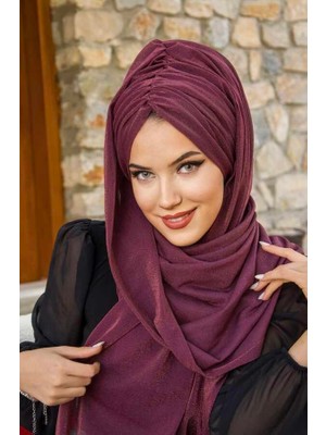 Aişe Tesettür Mürdüm Işıltılı Büzgülü Hazır Şal