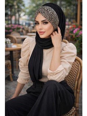Aişe Tesettür Siyah Kemik Feminen Desenli Hazır Şal