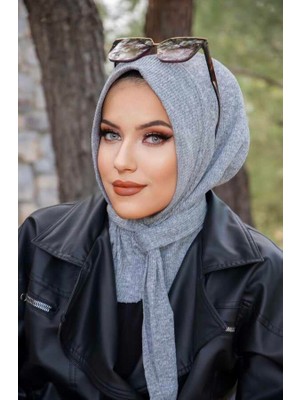 Aişe Tesettür Gri Triko Kışlık Hazır Eşarp