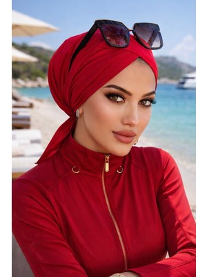 Aişe Tesettür Kırmızı Çapraz Deniz - Havuz Bonesi