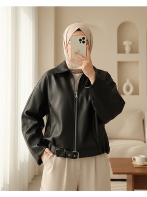 Modamorfo İçi Astarlı  Beli Kat Detaylı Kemerli  Deri Ceket  -Siyah