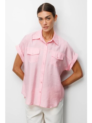 Ekol Kadın Kapak Cepli Kısa Kollu Gömlek 2088 Pembe