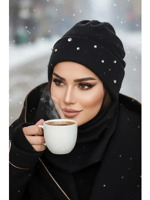 Aişe Tesettür Siyah Swarovski Taşlı Maskeli Bere