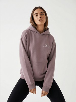 Sparrow Unisex Oversize Pamuklu Kanguru Cepli Basic 3 Iplik Nakışlı Kapüşonlu Sweatshirt Buz Menekşe - M