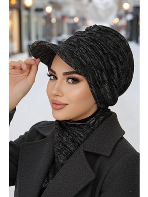 Aişe Tesettür Siyah Gri Melanj Tesettür Şapka ve Etol Takım