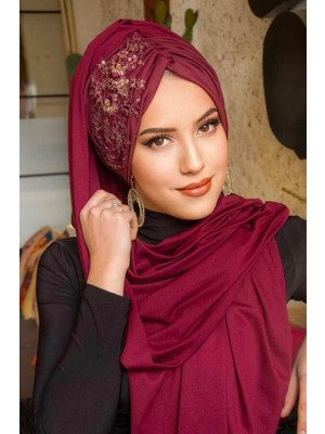Aişe Tesettür Bordo Güpürlü Abiye Şal