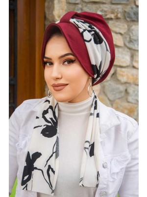 Aişe Tesettür Bordo Siyah Çiçek Desenli Şapka Bone
