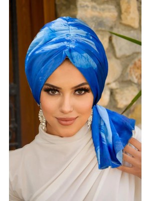 Aişe Tesettür Mavi Batik Desen Tül Tokalı Bone