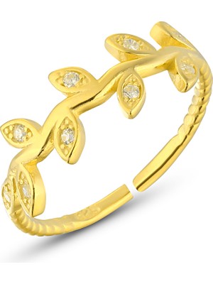 Zanaat Silver 925 Ayar Gümüş Zirkon Taşlı Ayarlanabilir Zeytin Dalı Yaprak Yüzük