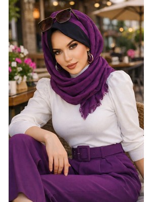 Aişe Tesettür Mürdüm Çiçek Baskılı Şapkalı Şal