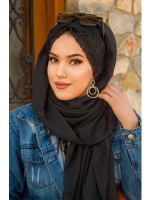 Aişe Tesettür Siyah Dantelli Büzgülü Şal