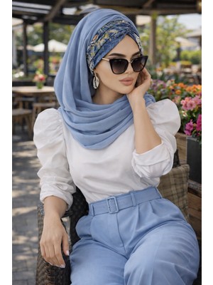 Aişe Tesettür Kot Mavi Çiçek Desen Hazır Şal