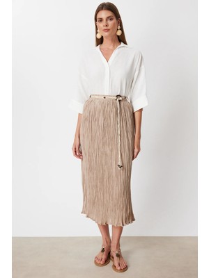 Ekol Kadın Süs Kemerli Pamuklu Maxi Etek 3908 Kum