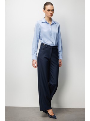 Ekol Kadın Beli Metal Aksesuarlı Bol Paça Pantolon 4010 Lacivert