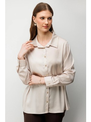 Ekol Kadın Büyük Beden Saten Görünümlü Gömlek 2502 Bej