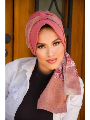 Aişe Tesettür Gülkurusu Pudra Çiçek Desenli Şapka Bone