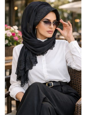 Aişe Tesettür Siyah Dantelli Şapka Şal
