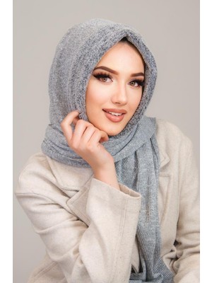 Aişe Tesettür Gri Kürk Kapüşonlu Çıtçıtlı Şal