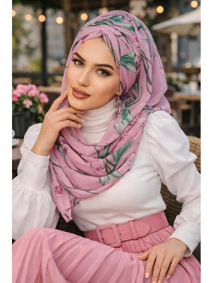 Aişe Tesettür Gülkurusu Çiçek Desenli Hazır Şifon Şal