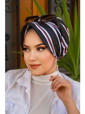 Aişe Tesettür Siyah Kırmızı Çizgili Şapka Bone