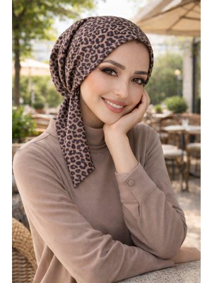 Aişe Tesettür Kahve Leopar Eşarp Bone