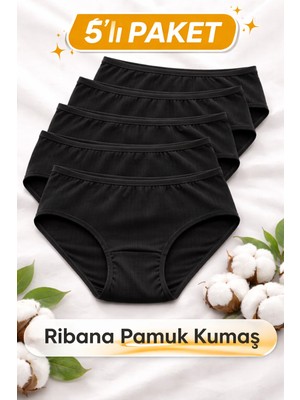 Süsen Lingerie 5 Adet Siyah Kadın Ribana Pamuklu Bato Külot, Kadın Iç Çamaşırı