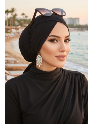 Aişe Tesettür Siyah Çapraz Deniz - Havuz Bonesi