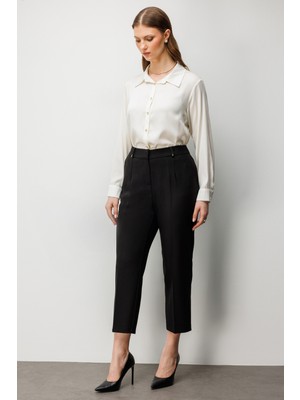 Ekol Kadın Büyük Beden Metal Aksesuarlı Yan Cepli Pantolon 4006 Siyah