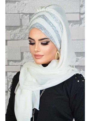 Aişe Tesettür Beyaz Gümüş Drapeli Abiye Şal