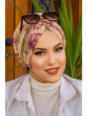 Aişe Tesettür Camel Vişne Desenli Burgu Bone