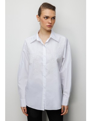 Ekol Kadın Boncuk Işlemeli Pamuk Gömlek 2814 Ekru