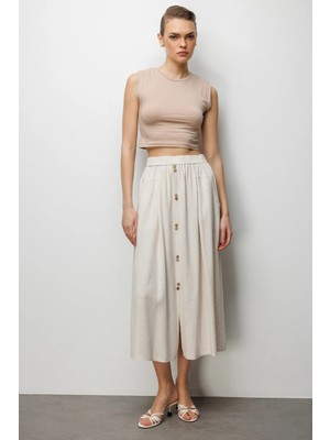 Ekol Kadın Yırtmaçlı Süs Düğmeli Keten Etek 3958 Kum