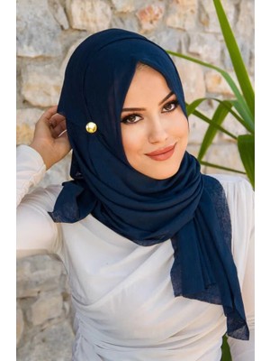 Aişe Tesettür Lacivert Düğmeli Double Şal