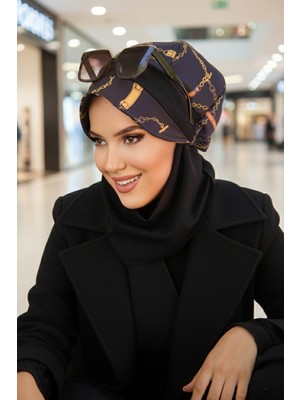 Aişe Tesettür Siyah Gold Zincir  Desen Tesettür Şapka