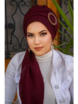 Aişe Tesettür Bordo Ahşap Tokalı Atkılı Bone