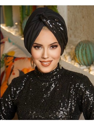 Aişe Tesettür Siyah Payetli Burgu Model Dolgulu Tesettür Abiye Bone