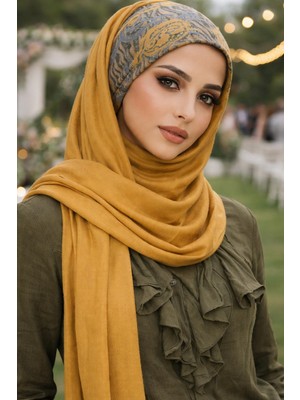 Aişe Tesettür Hardal Desenli Hazır Bandana Şal