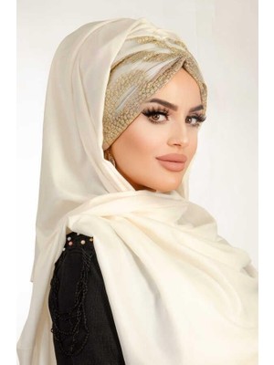 Aişe Tesettür Ekru Gold Dantelli Hazır Şifon Şal