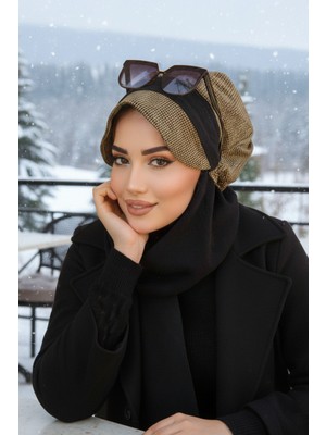 Aişe Tesettür Hardal Siyah Kare Desen Tesettür Şapka