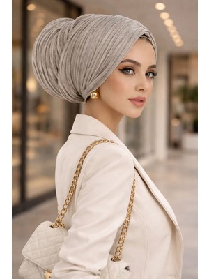 Aişe Tesettür Ekru Işıltılı Piliseli Salaş Bone