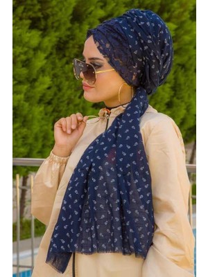 Aişe Tesettür Lacivert Çiçekli Koton Bandana Şal - 50100