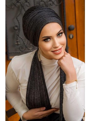 Aişe Tesettür Siyah Gümüş Simli Piliseli Abiye Atkılı Bone